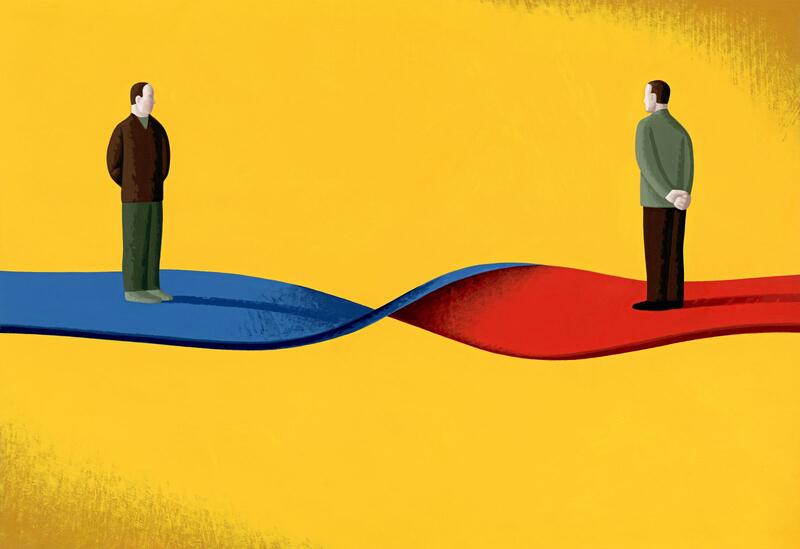 Two people stand opposing one another on a twisted blue and red ribbon