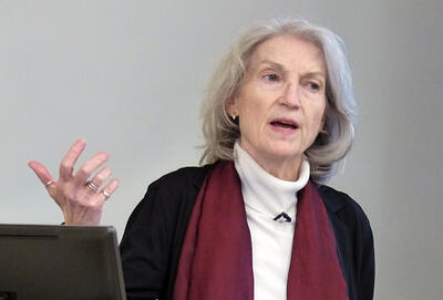 Kathleen Thelen speaks in a classroom