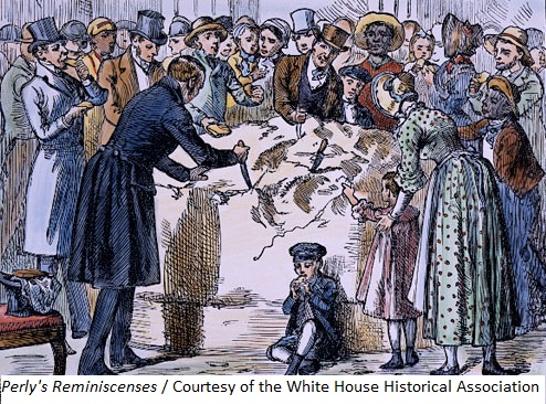 Illustration of citizens using knives to cut hunks from a giant block of Cheese in Andrew Jackson's White House