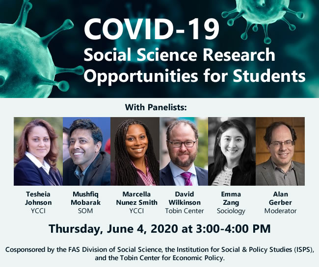 graphic for COVID-19 Social Science Research Opportunities for Students with photos of research faculty panelists