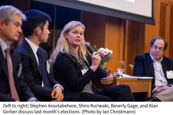  (left to right) Stephen Ansolabehere, Shiro Kuriwaki, Beverly Gage, and Alan Gerber discuss last month's elections. (Photo by Ian Christmann)