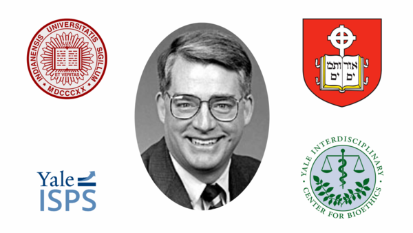 David Smith from his time at Yale, surrounded by logos from Indiana University, Yale Divinity School, ISPS, and the Interdisciplinary Center for Bioethics