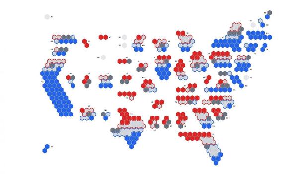 A map of the United States shows districts represented in colors for each congressional district