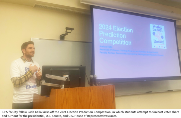  ISPS faculty fellow Josh Kalla kicks off the 2024 Election Prediction Competition, in which students attempt to forecast voter share and turnout for the presidential, U.S. Senate, and U.S. House of Representatives races.