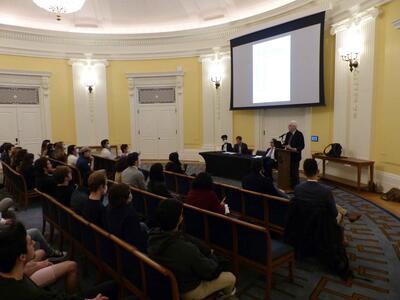 David Mayhew speaks at the Presidents' Room of the Schwarzman Center