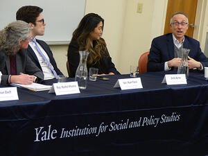 Rachel Khanna, Ryan Fazio, Emily Byrne, and Bruce Putterman speak on a panel
