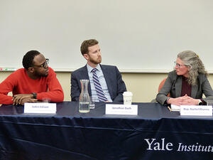 Jaden Edison, Jonathan Dach, and Rachel Khanna speak on a panel