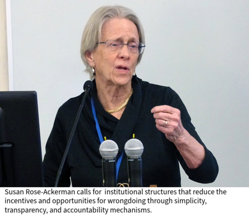 Susan Rose-Ackerman speaks at a lectern in a classroom.