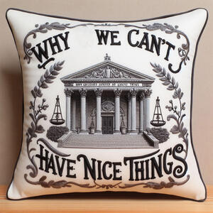 AI-created image of a pillow with a picture of a courthouse and embroidered words that say &quot;WHY WE CAN'T HAVE NICE THINGS&quot;