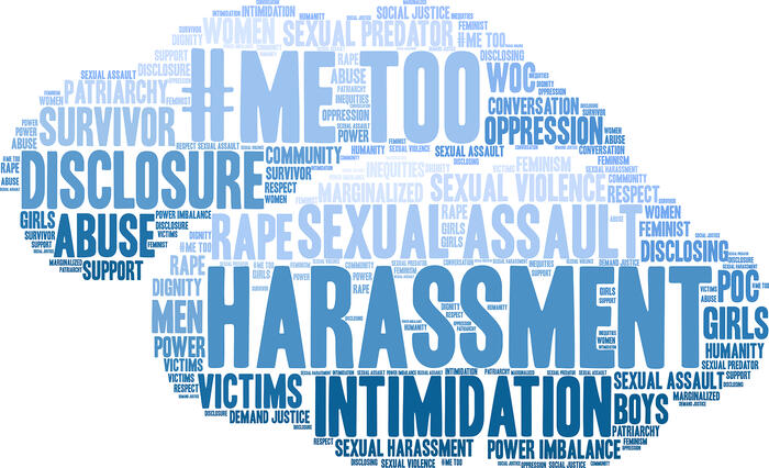 A word cloud with words in blue, including survivor, disclosure, community, #MeToo, sexual assault, oppression, women, intimidation, and many more