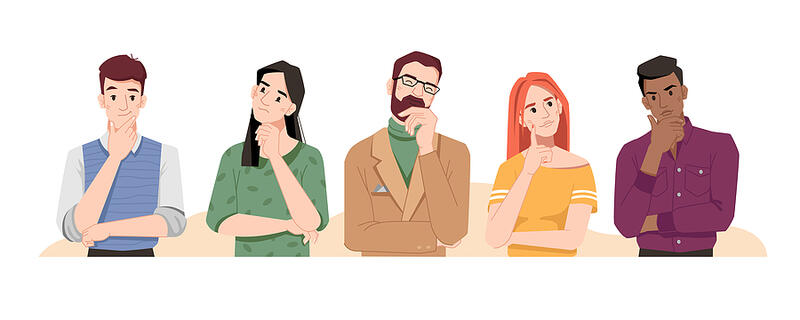 Five people with puzzled expressions and their hands on their faces wondering