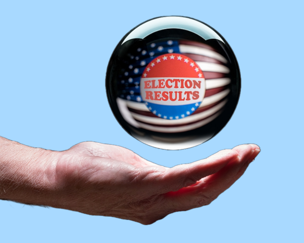 A cupped hand under a floating glass orb with an American flag inside and a button that says Election Results