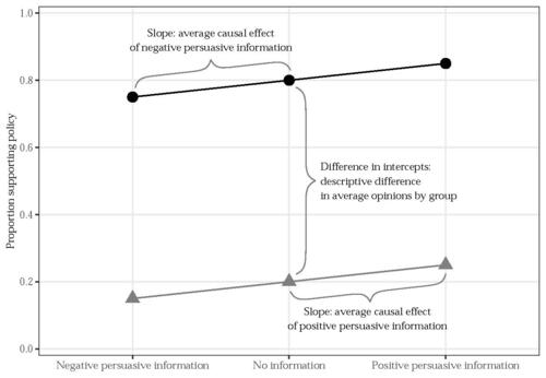 Chart with Y axis showing proportion of subjects supporting a policy, X axis showing range from negative persuasive information, no information and positive persuasive information. Two plotted lines appear in parallel. The slope of the line on top shows the average casual effect of negative persuasive information. The slope of the lower line shows the average causal effect of positive persuasive information. The difference in the lines describes the difference in average opinions by group.