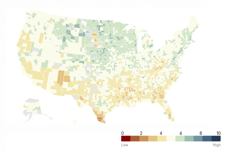 A map of the United States showing the CORE Score for each county, colored on a scale from 0 to 10, with 0 being red and 10 being blue.