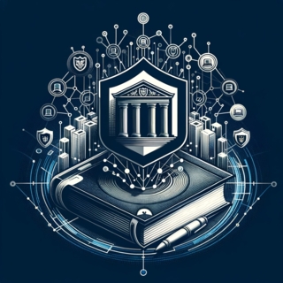 Abstract illustration of a university building with columns on a book and surrounded by logos connected by lines and circles, with buildings in the background