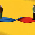 Two people stand opposing one another on a twisted red and blue ribbon