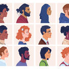 Diverse people, man and woman portraits, multiracial, multicultural crowd, side view portraits