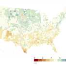 A map of the United States showing the CORE Score for each county, colored on a scale from 0 to 10, with 0 being red and 10 being blue.
